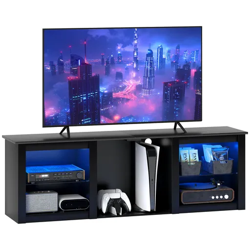HOMCOM Mobilier TV cu iluminare LED pentru televizoare până la 65 de inch, 160cm cu rafturi din sticlă reglabile, negru | Aosom Romania