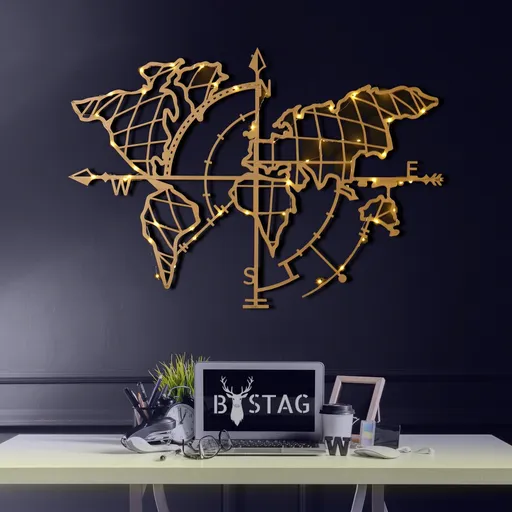 Decoratiune de perete, World Map Compass Led, Dimensiune: 65 x 95 cm, Auriu