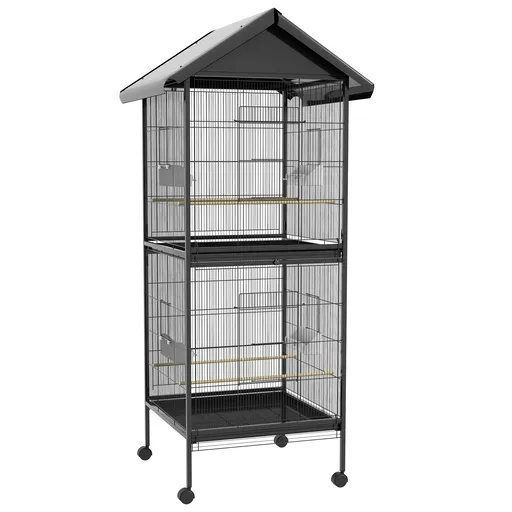 PawHut Volieră pentru Păsări cu Roți, Tăvi Detașabile din Plastic și Stinghii, Colivie pentru Canari din Metal, 168 cm, Negru | Aosom Romania