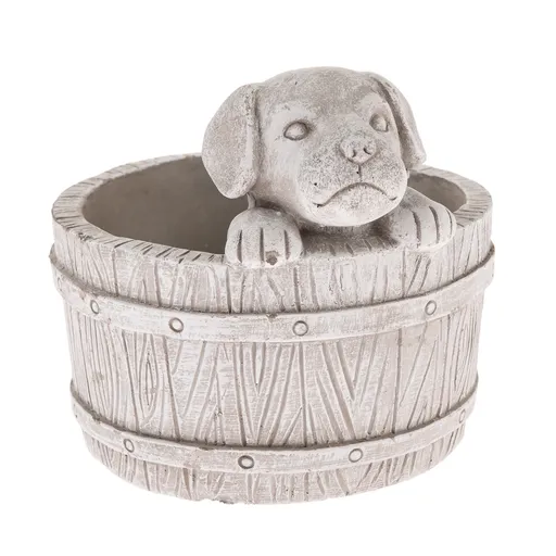 Husă din beton pentru ghiveci Câine în butoi marodeschis, 17 x 19 cm