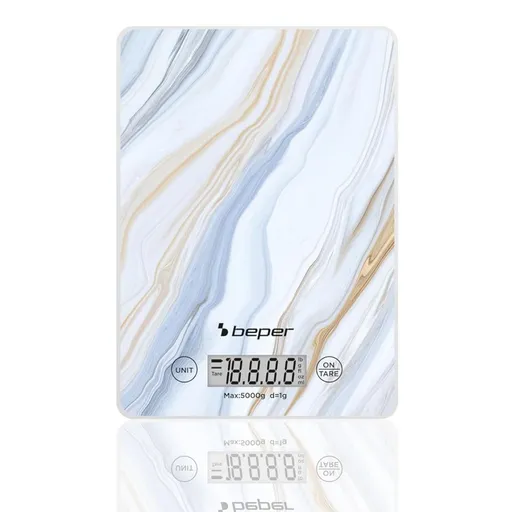 Cantar de bucatarie Beper P102BIL001, Pana la 5 kg, Afișaj LCD, Alimente solide si lichide, Control tactil, Sticla, Marmura