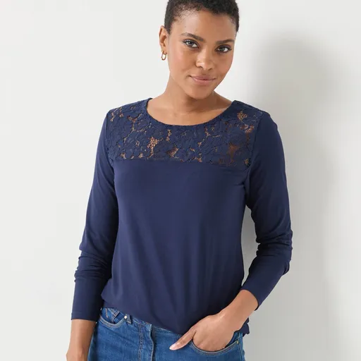 Tricou cu decolteu rotund, mâneci lungi și dantelă