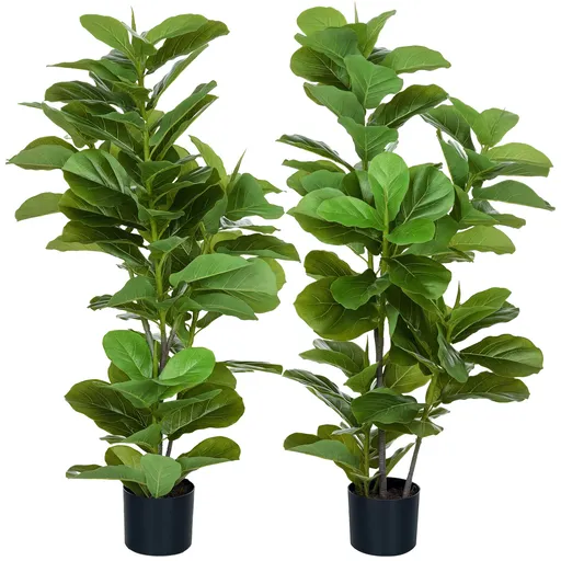 HOMCOM, Set de 2 plante artificiale Ficus Lyrata, arbori artificiali cu ghiveci inclus, înălțime 110 cm, verde | Aosom Romania