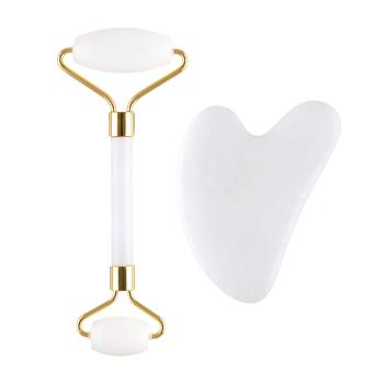 Palsar 7 Rola de masaj și placa cu jad alb Guasha (White Jade Roller & Guasha Set)