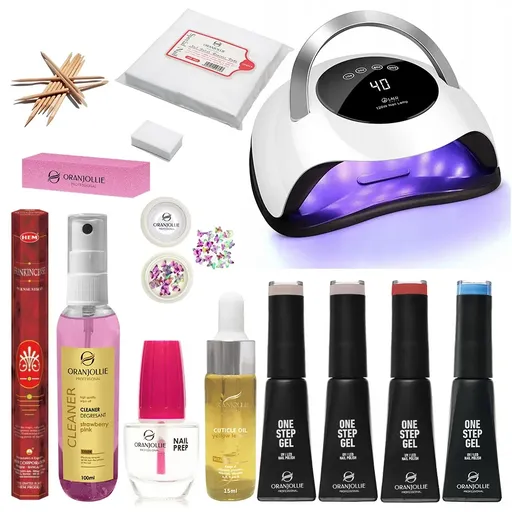 Kit 4 Oje Semipermanente One Step 12 ml, Solutii Preparatoare, Lampa UV Oranjollie