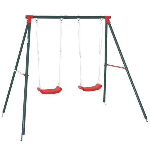 Outsunny Leagan Dublu pentru Copii +3 Ani cu Suport de Metal Joc Leagan Infantil Corzi Reglabile Exterior Greutate Max. 40kg 239x156x180 cm Verde Rosu