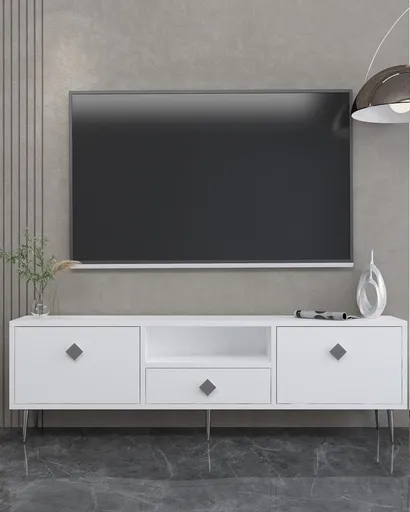 Comoda TV, Hanah Home, 1308-DROP-1, 140x45x30 cm, PAL , Alb / Argintiu