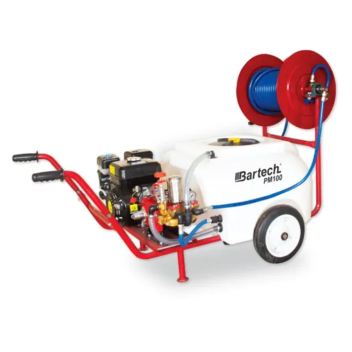 Atomizor profesional 100L cu motor termic 6.5 CP, tambur si furtun de presiune 25m, 8mm, 75 bar