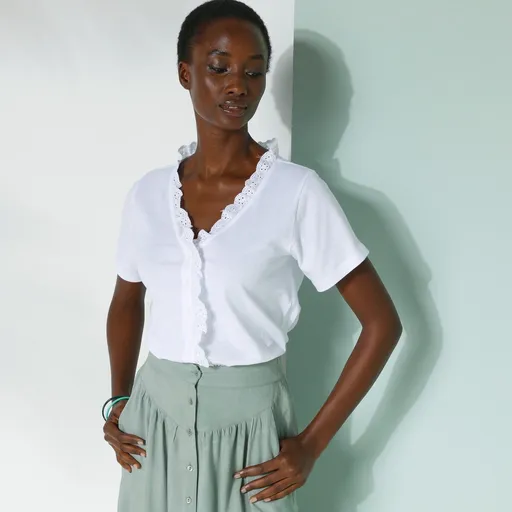 Tricou cu mâneci scurte cu broderie engleză, culoare solidă