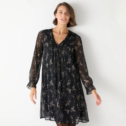 Rochie scurtă bicoloră cu pliuri și imprimeu uni cu frunze