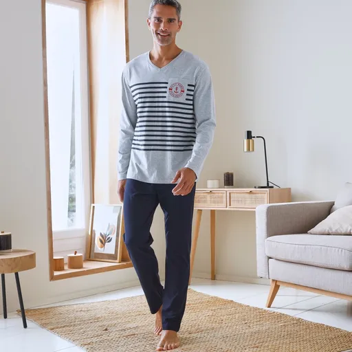 Pijama cu pantaloni, decolteu în V și imprimeu cu dungi