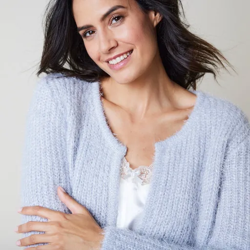 Cardigan scurt din țesătură tricotată cu grămadă și fibre metalice