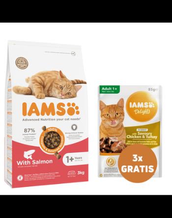 IAMS for Vitality Mancare pisica adulta, cu somon 3 kg + 3 x plicuri pisica, cu pui si curcan 85 g