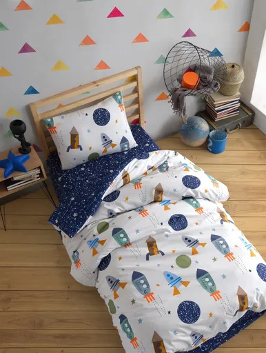 Lenjerie de pat pentru o persoana, L'essentiel Maison, SpaceX, 80% bumbac / 20% poliester, Albastru inchis