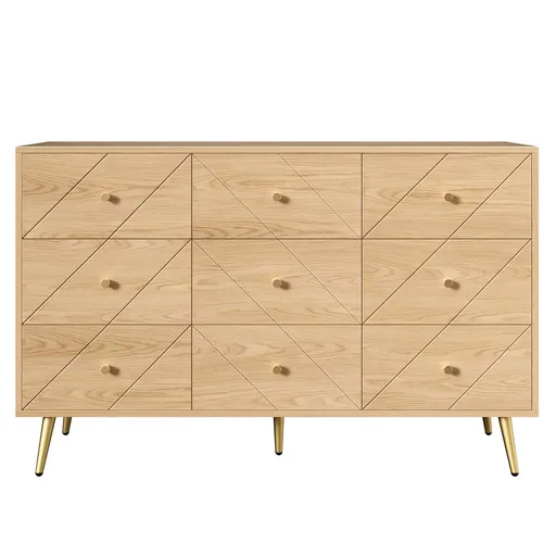 Comodă cu 9 sertare, cu mult spațiu de depozitare, modele geometrice, 120x39x80 cm, Culoare naturală