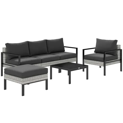 Outsunny Salon de grădină de exterior pentru 5 persoane, salon de balcon din rășină tressée cu fotolii, taburet și masă de cafea gri deschis | Aosom R