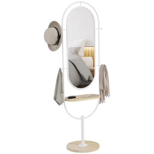 HOMCOM Oglindă de Corp Intreg 175,5x50 cm cu Tavă din Lemn 4 Cârlige și Rama de Metal pentru Salon Dormitor Alb | Aosom Romania