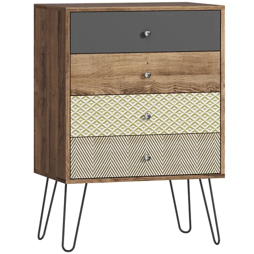 HOMCOM Comodă cu 4 sertare Picioare tip furcă din oțel Stil boem 60x39x86 cm Multicolor | Aosom Romania