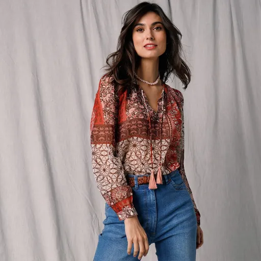 Bluză cu mâneci bufante și imprimeu patchwork