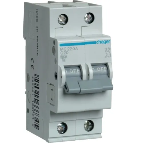 Siguranta automata 2P, 20A, 6kA, C, Hager MC220A