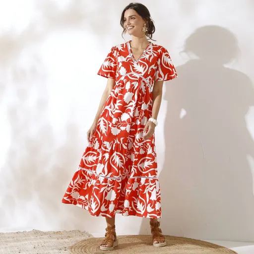 Rochie lungă cu imprimeu și detalii croșetate