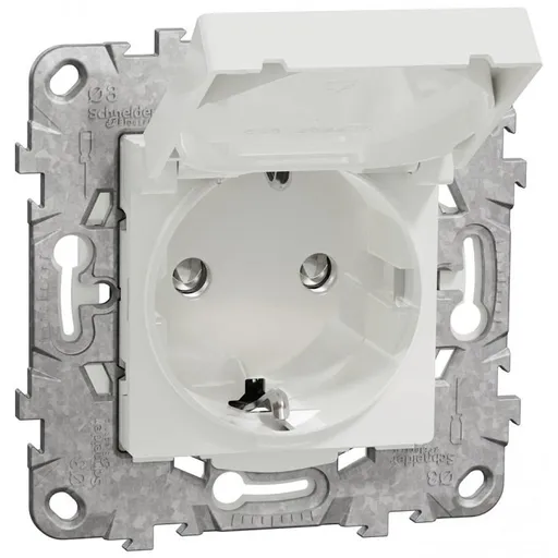 Priza 2P+E 16A IP44+suport fixare, cu capac, obturatoare Schneider Noua Unica NU508218, alb