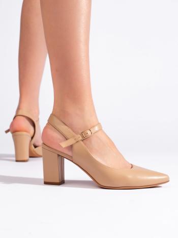 Pantofi de damă eleganți de culoare bej, cu toc lat, pentru femei