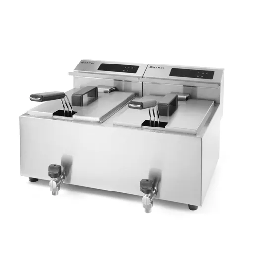 Friteuza electrica profesionala dubla Master Cook, 2x8 litri, 2x3500 W, inox, cu robinet scurgere ulei, termosta 0-190 gr C, 2 cosuri incluse