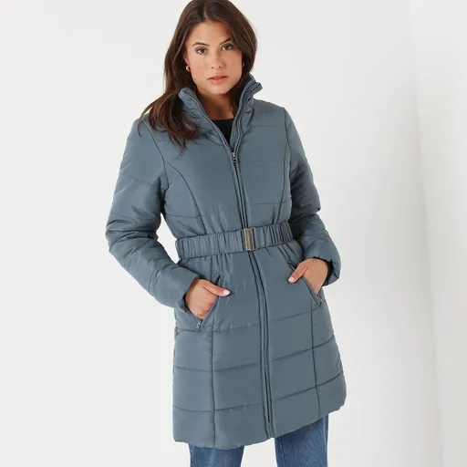 Jachetă lungă matlasată impermeabilă cu curea și fermoar