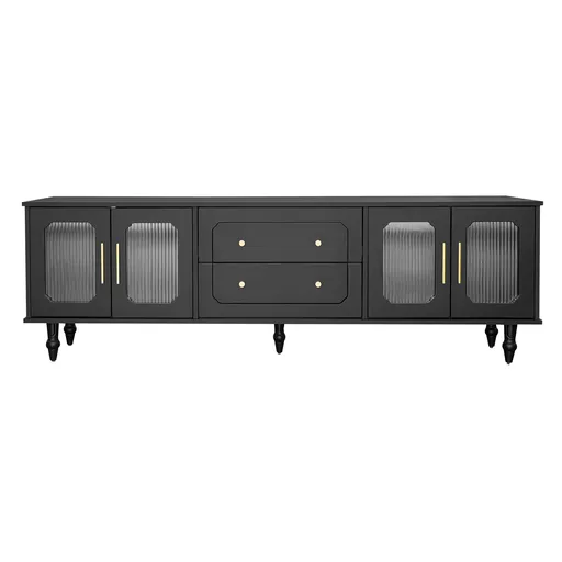 Mobilier TV Retro cu Mânere Aurii, Spațiu Generos de Depozitare, Ușă din Sticlă și Picioare din Lemn Masiv, 175x38x55,5 cm, Negru