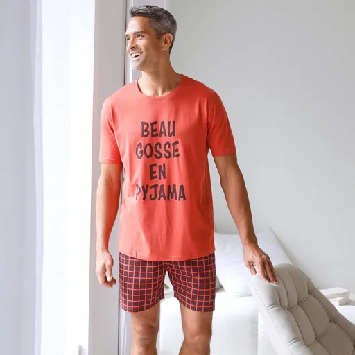 Pijama cu pantaloni scurți în carouri și imprimeu