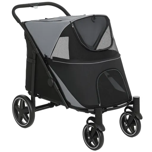 PawHut Cărucior Pliabil pentru Câini cu 4 Roți, Intrări cu Fermoar și Ferestre din Plasă, 112x65x100 cm, Gri | Aosom Romania