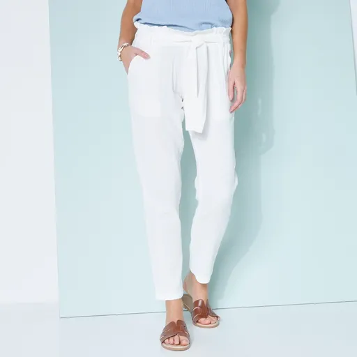 Pantaloni drepți din tifon de bumbac cu aspect încrețit