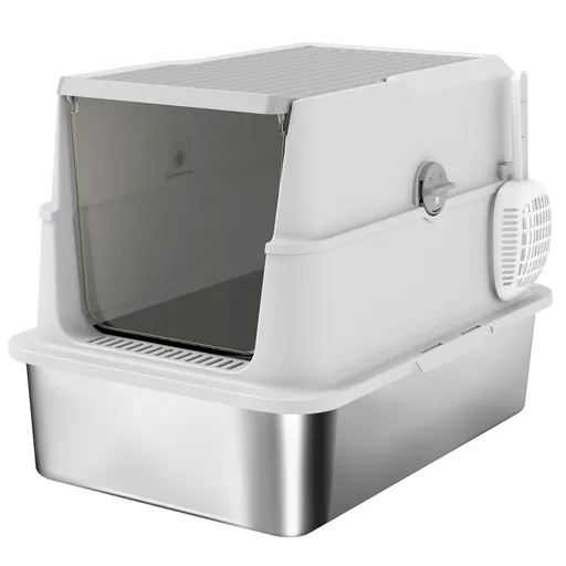 PawHut Extra Large din Oțel Inoxidabil, Litieră pentru Pisici cu Lopățică, Capac Rabatabil | Aosom Romania