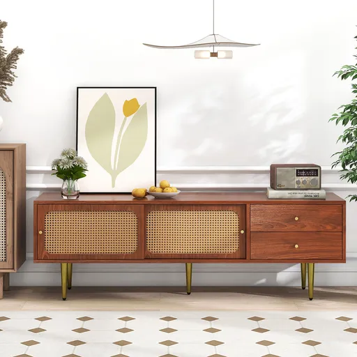 Mobilier TV elegant cu uși glisante din ratan, Culoare naturală | Aosom Romania