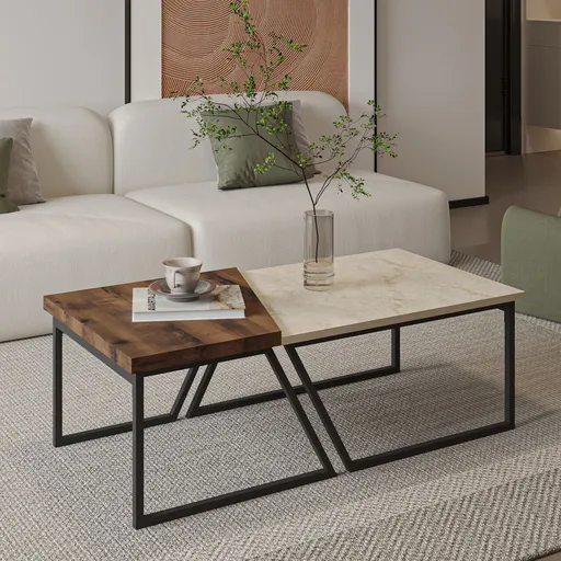 Set masute de cafea, Hanah Home, Verona P0024623, PAL, Travertin / Nuc rustic