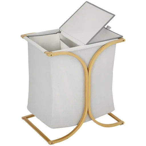 HOMCOM Coș de Rufe Dublu cu 2 Secțiuni, Coș de Rufe din Bambus cu Capac, 55x40x62 cm, Gri