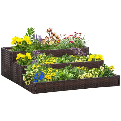 Pat de Gradina Inaltat Outsunny cu 3 Niveluri, Jardiniera din Ratan Sintetic, 120x120x40cm, Gri | Aosom Romania
