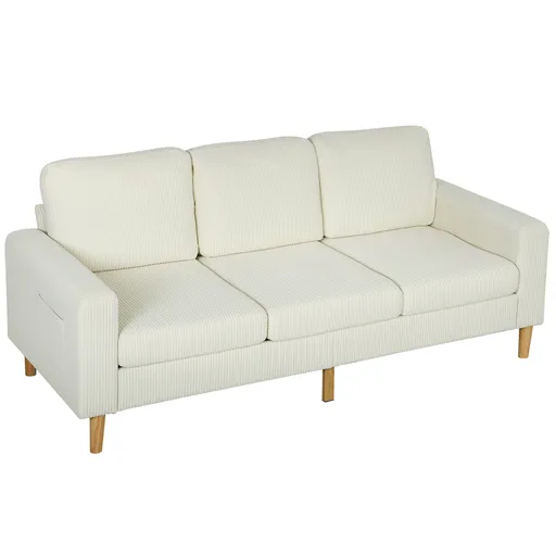 HOMCOM Canapea 3 locuri din catifea cotelată, canapea cu perne cu arcuri și șezut rembursat, 192x80x84,5cm, bej | Aosom Romania