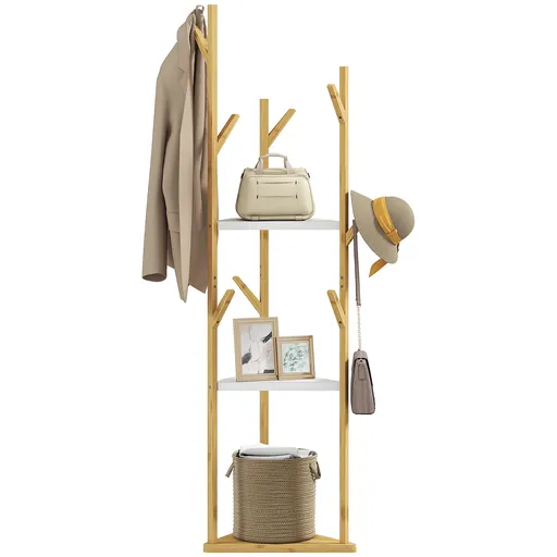 HOMCOM Cuier de Podea din Bambus în Formă de Copac cu 8 Cârlige și 3 Rafturi, 45x45x170 cm, Alb | Aosom Romania