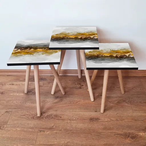 Set masute 3 piese, Hanah Home, 3Shp81, Alb / Negru / Auriu