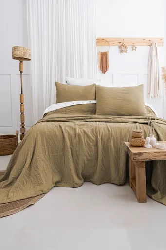 Set cuvertura de pat dubla 3 piese, L'essentiel Maison, Janna, Bumbac, Kaki