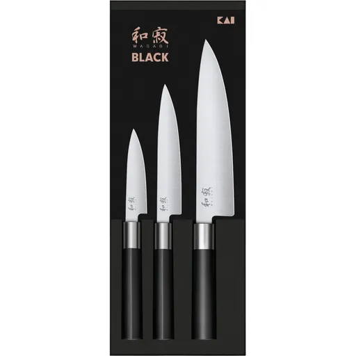 Set de 3 cuțite Kai Wasabi Black – universal mic,universal mare și bucătar mare