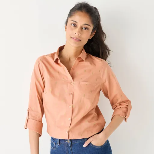 Cămașă cu mâneci suflecate și imprimeu auriu