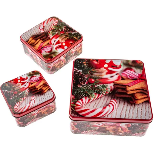 Set de 3 cutii din tablă pătrate Fursecuri, roșu