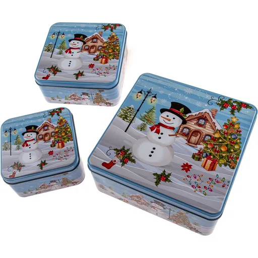 Set de 3 cutii de tablă pătrate Om de zăpadă, albastru