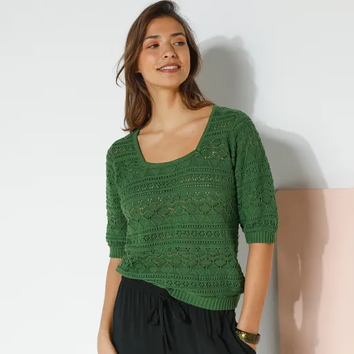 Pulover din dantelă de culoare solidă cu mâneci până la cot