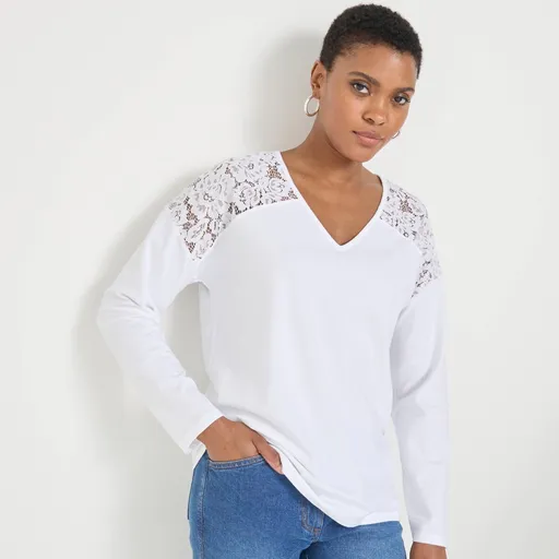 Tricou cu mânecă lungă și decolteu în V, cu dantelă