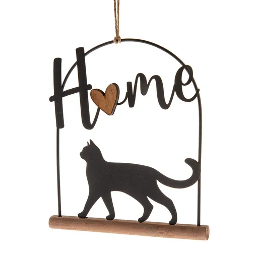 Decorațiune metalică suspendată pe suport din lemnPisică, 16 x 18 cm