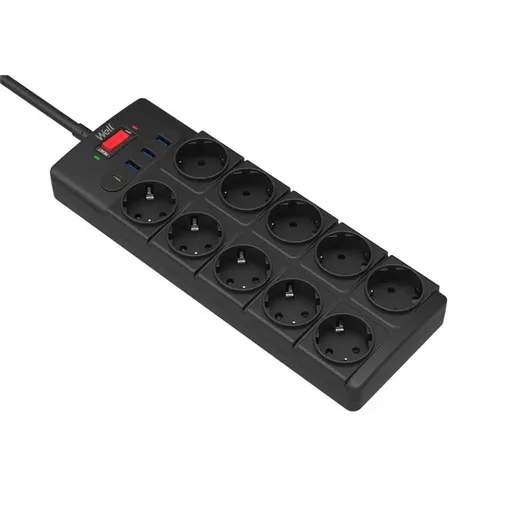 Prelungitor Well, 10 prize 3x USB-A + 1x USB-C, cu protectie la suprasarcina si supratensiune, cablu 3x1.5mmp, 2m